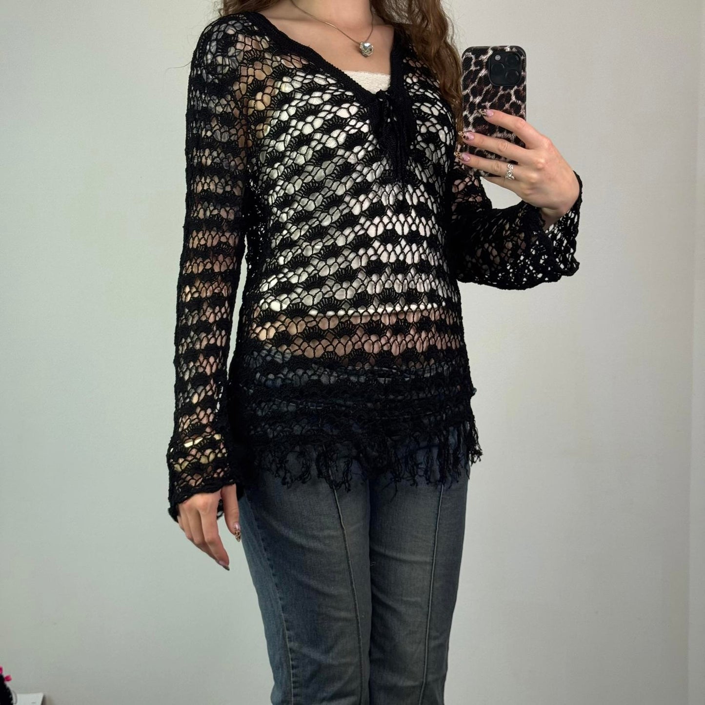 Y2K vintage crochet long flare sleeve jumper sheer knit v neck tassel lace up