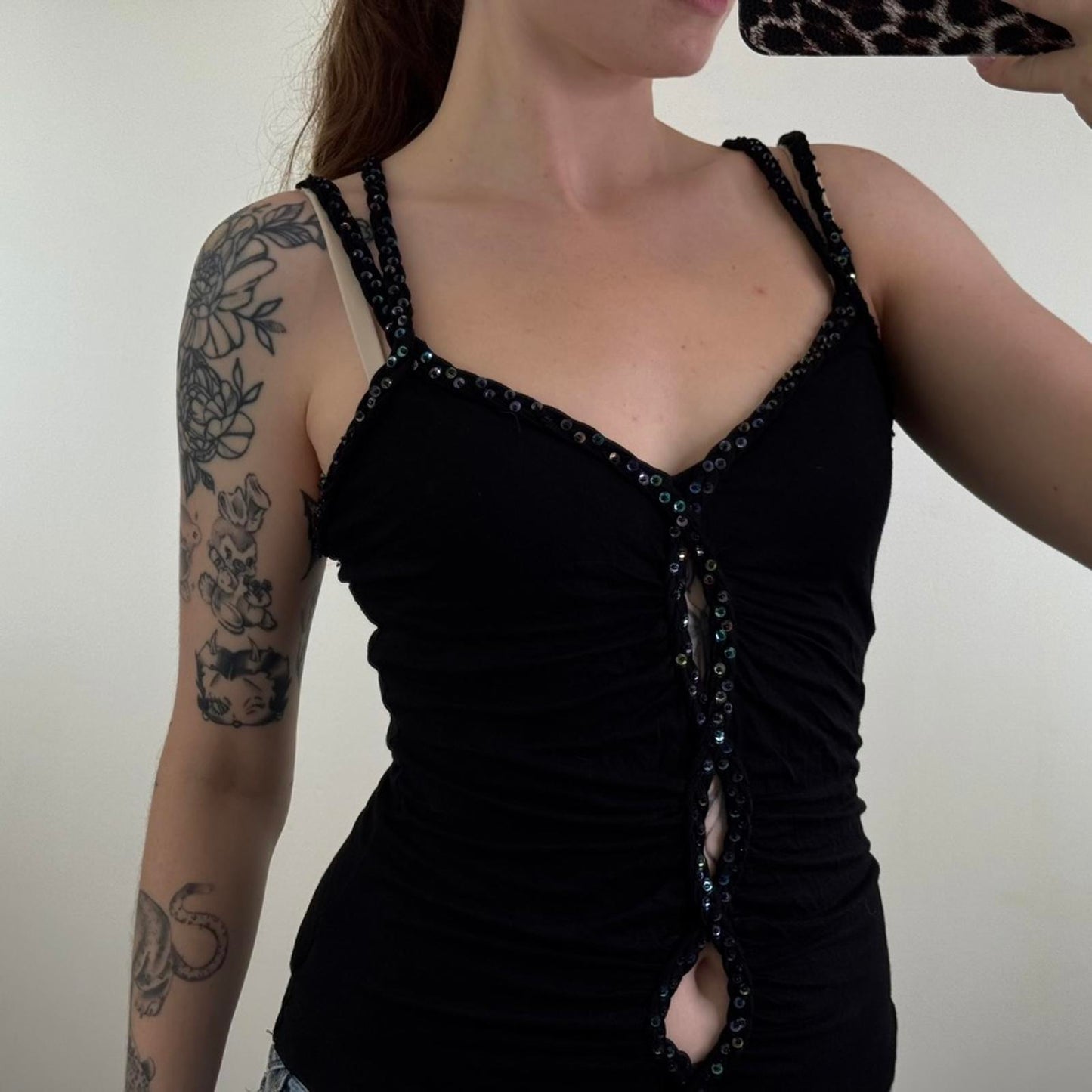 Y2K vintage cut out sequin tank top cami ruched keyhole v neck strappy stretchy