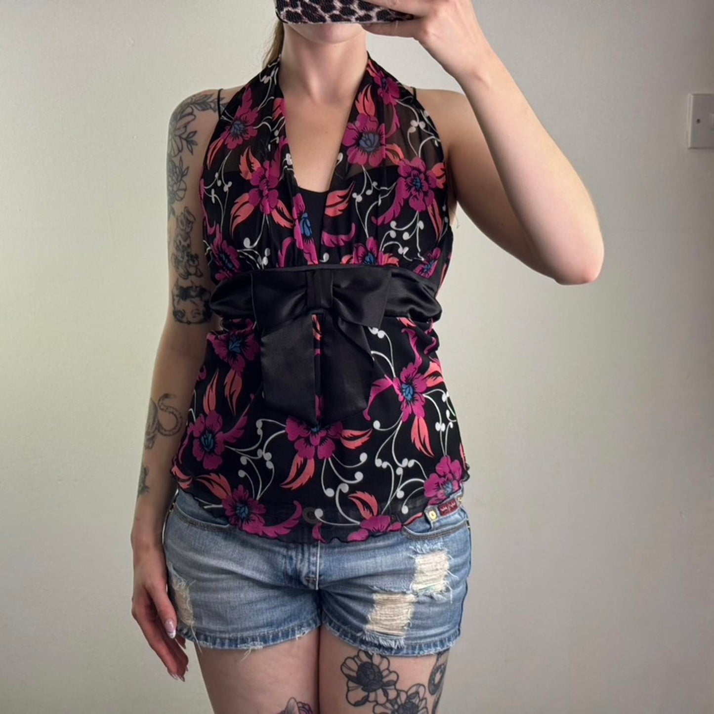 Y2K vintage Bay halter neck mesh floral top bow double layer lettuce hem