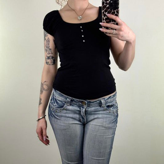 Y2K vintage milkmaid top cap sleeve rhinestone ruched bust flattering fitted