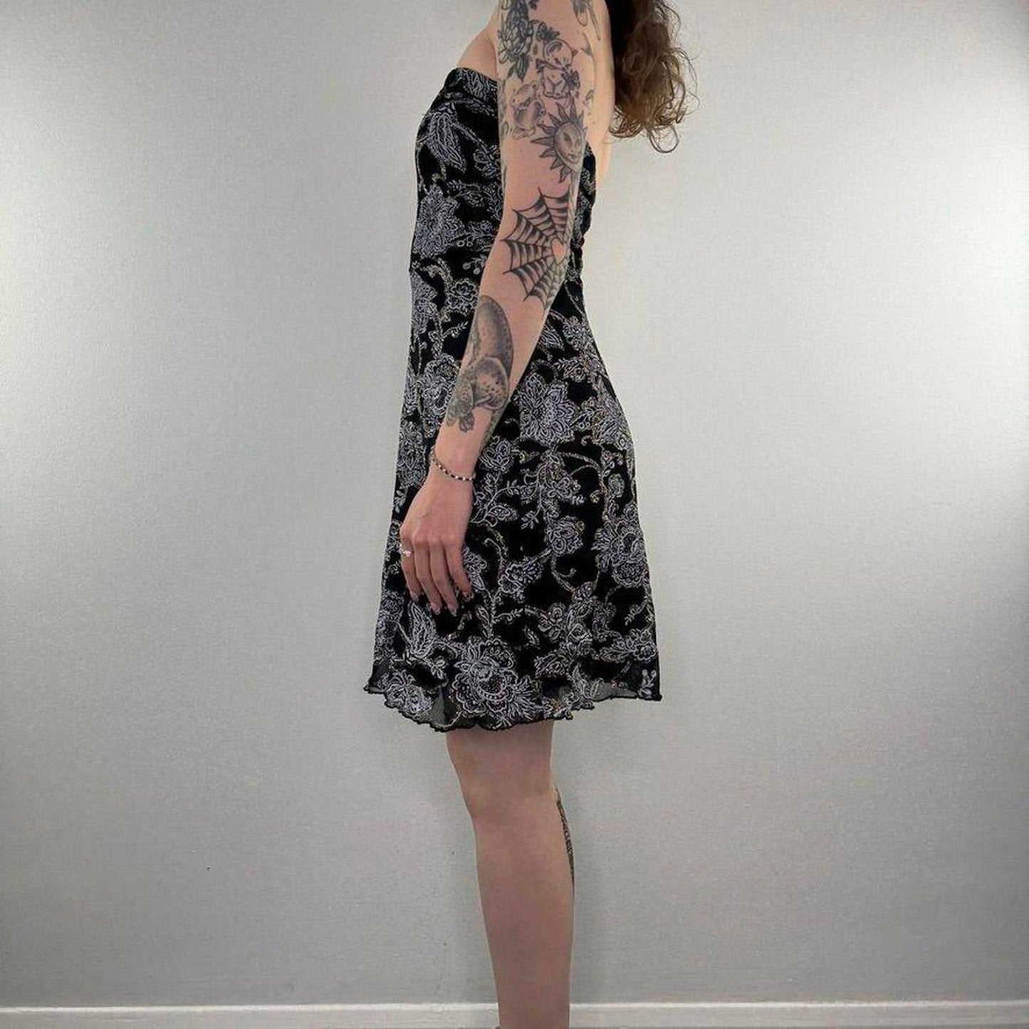 Y2K vintage Jane Norman sparkly strapless floral mesh midi dress