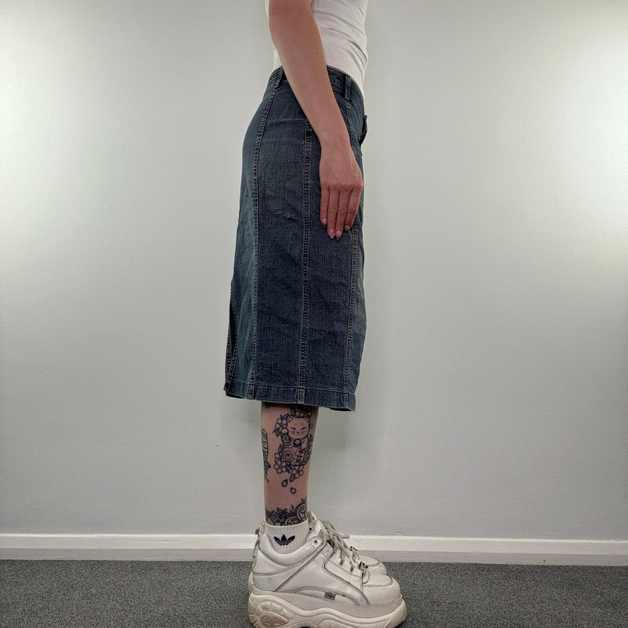 Y2K vintage low rise faded denim midi skirt