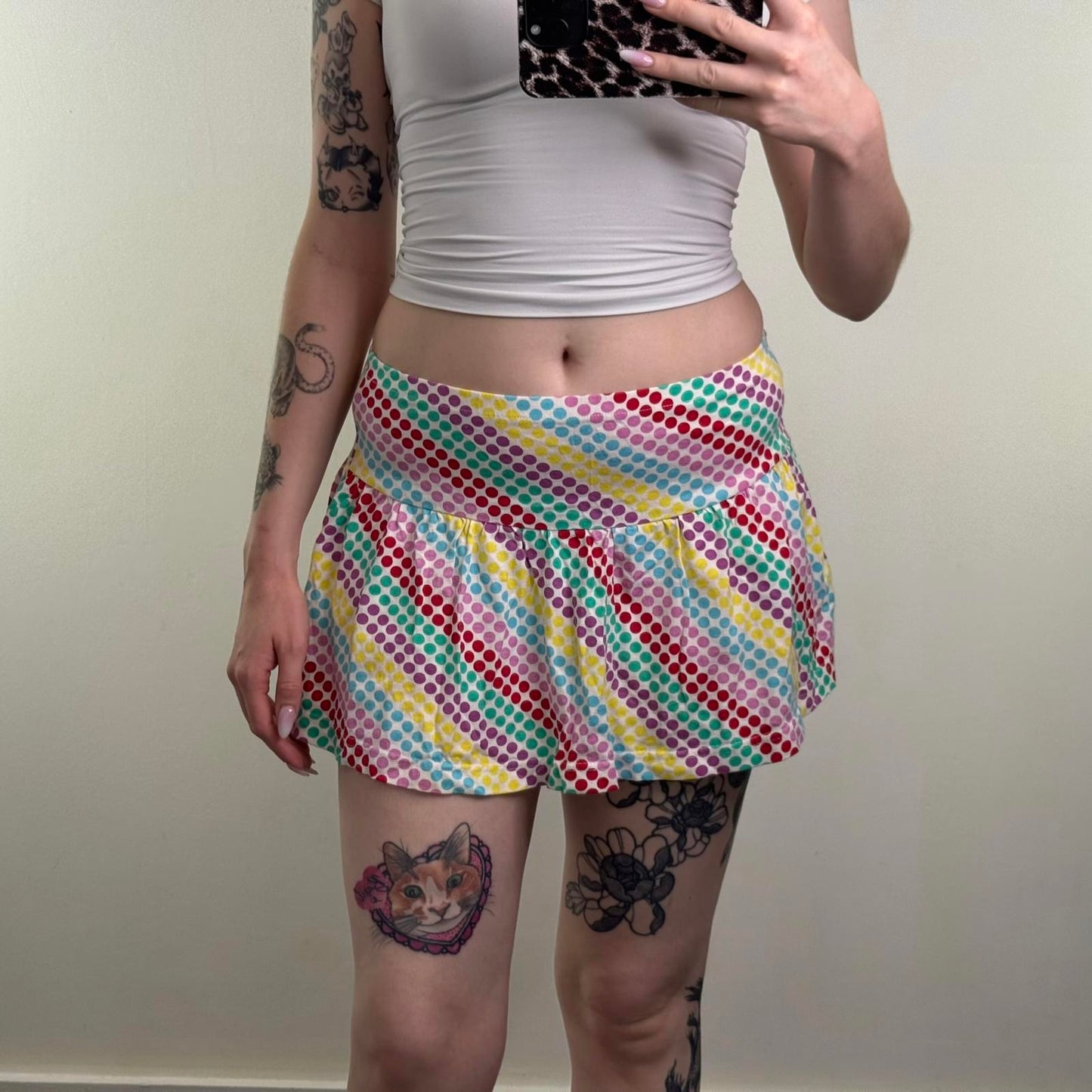 Y2K vintage stretchy polka dot mini skirt low/mid rise multi rainbow white