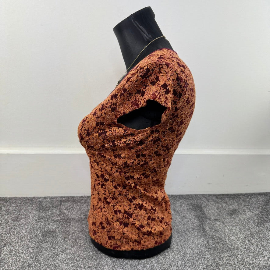 Y2K vintage mesh floral cap sleeve fitted top