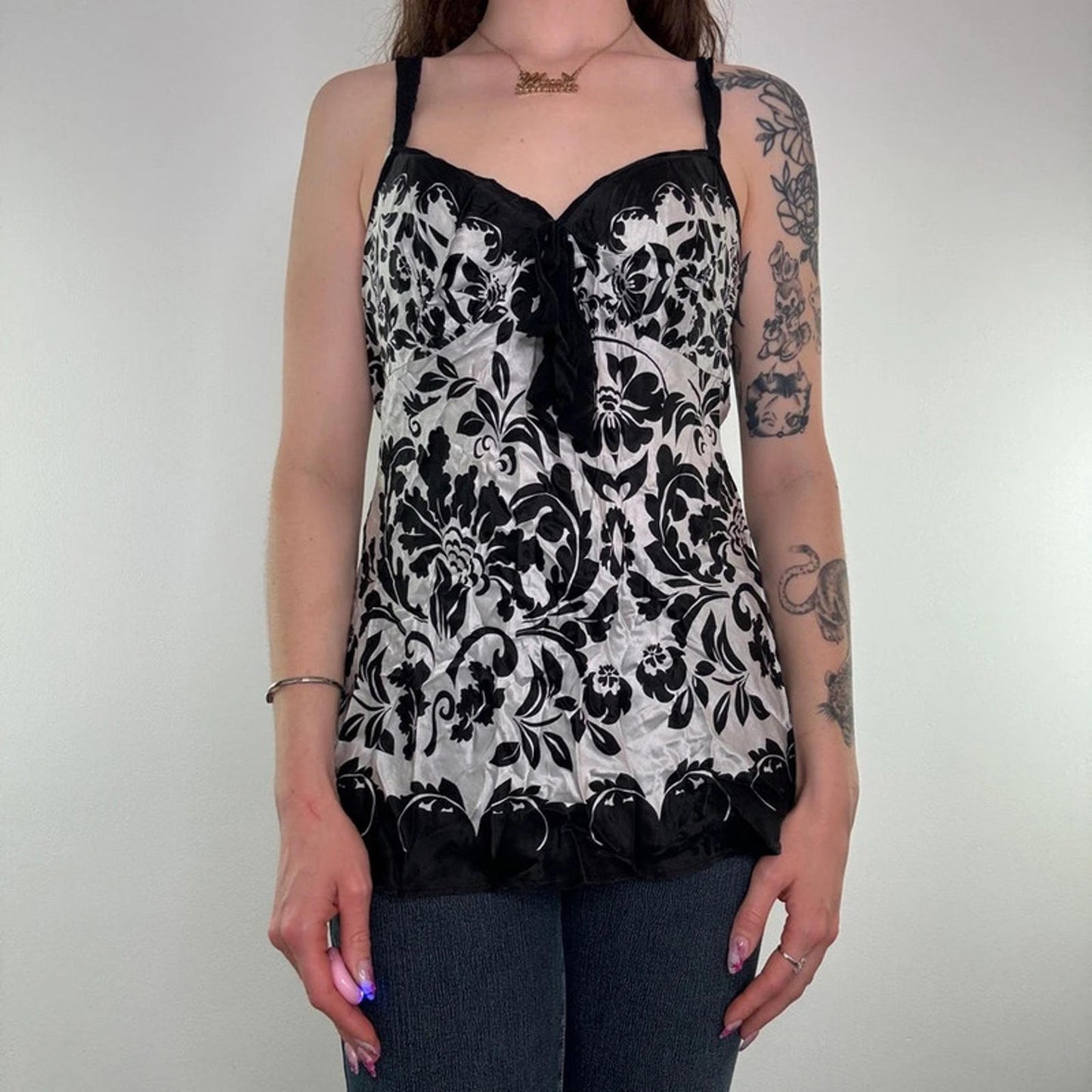Y2K vintage 100% silk floral cami top filigree bow bust black silver flowy