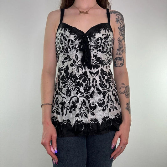 Y2K vintage 100% silk floral cami top filigree bow bust black silver flowy