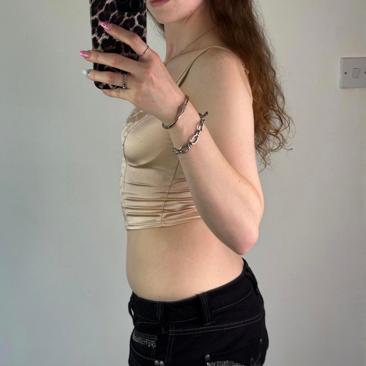 Y2K vintage satin floral embroidered cami top cropped strappy stretchy