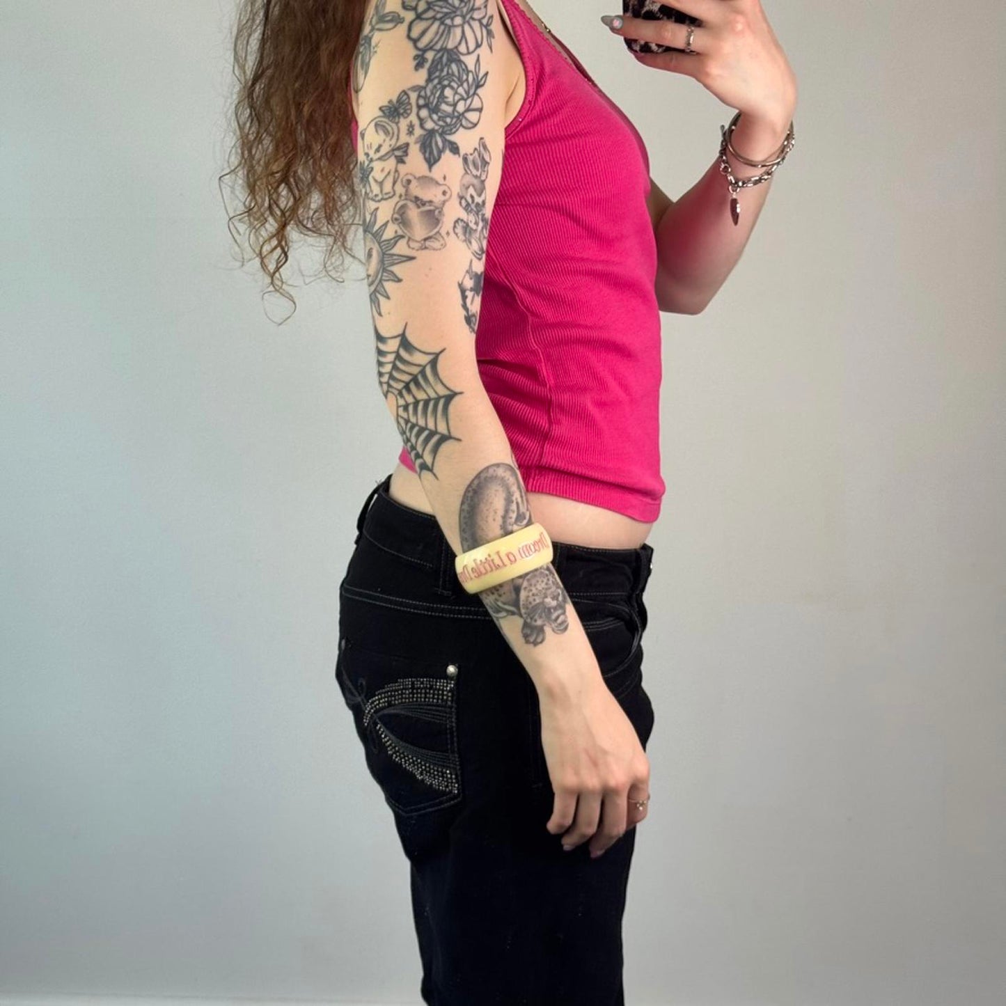 Y2K vintage hot pink tank top rhinestone round neckline ribbed stretchy basic