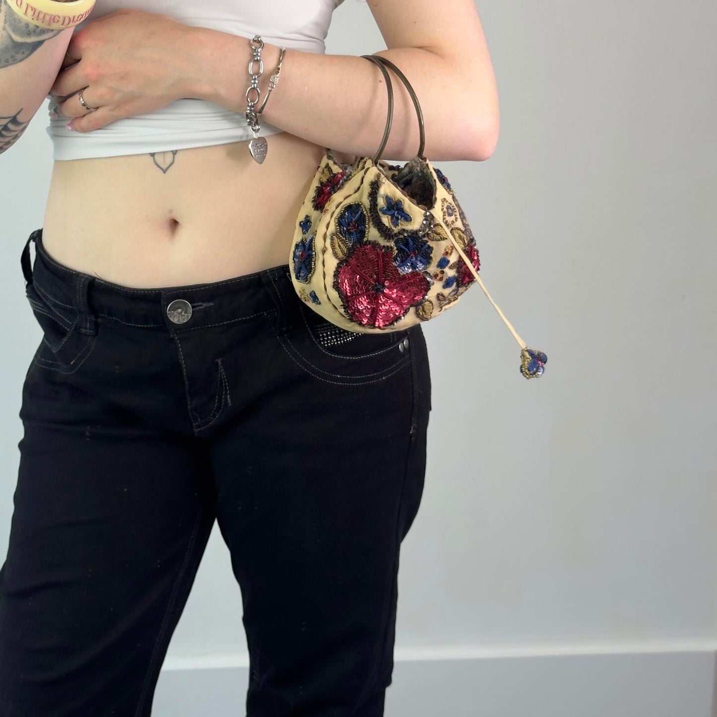 Y2K vintage silk sequin floral beaded embroidered mini micro handbag o ring boho