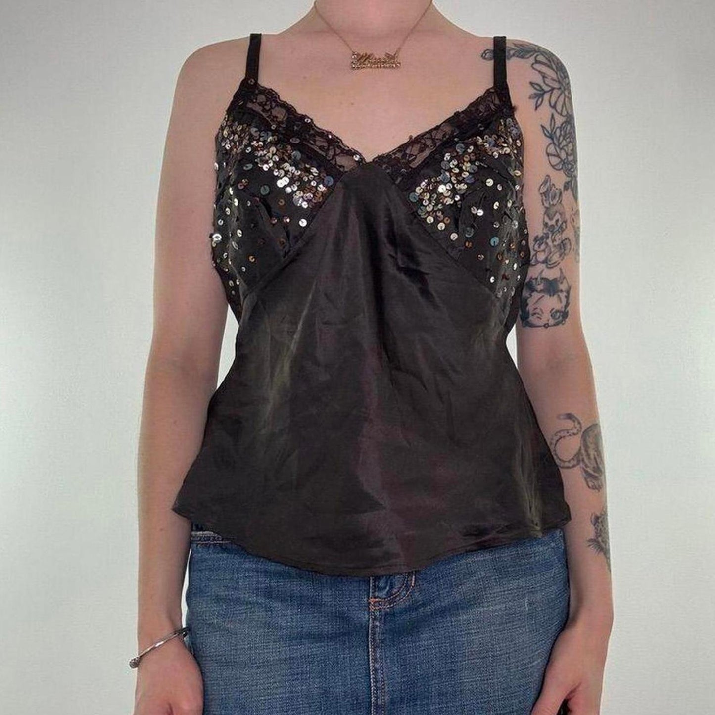 Y2K vintage Morgan De Toi 100% top silk sequin cami lace trim strappy brown