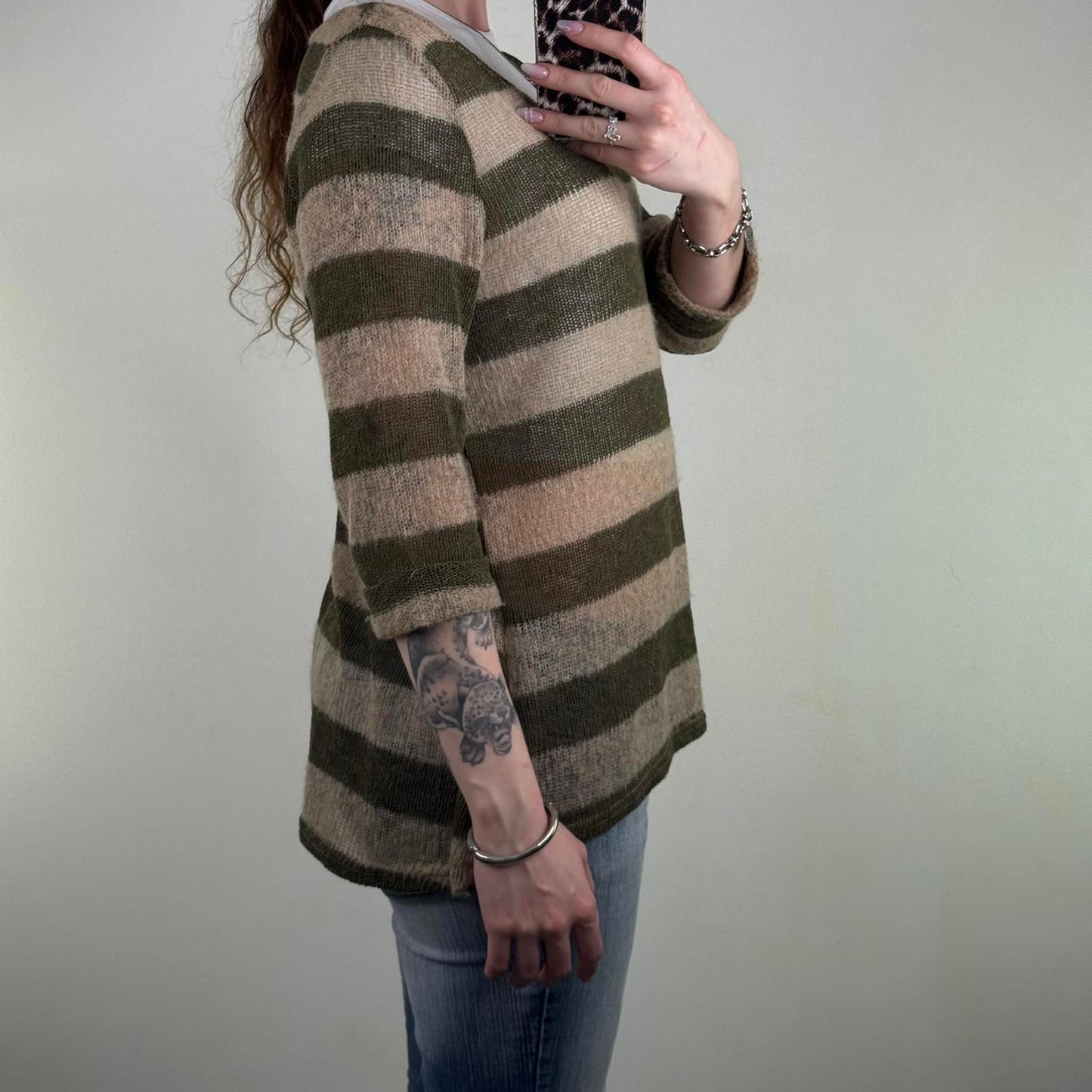 Y2K vintage fine knit stripe 3/4 sleeve top round neckline khaki sheer knitted