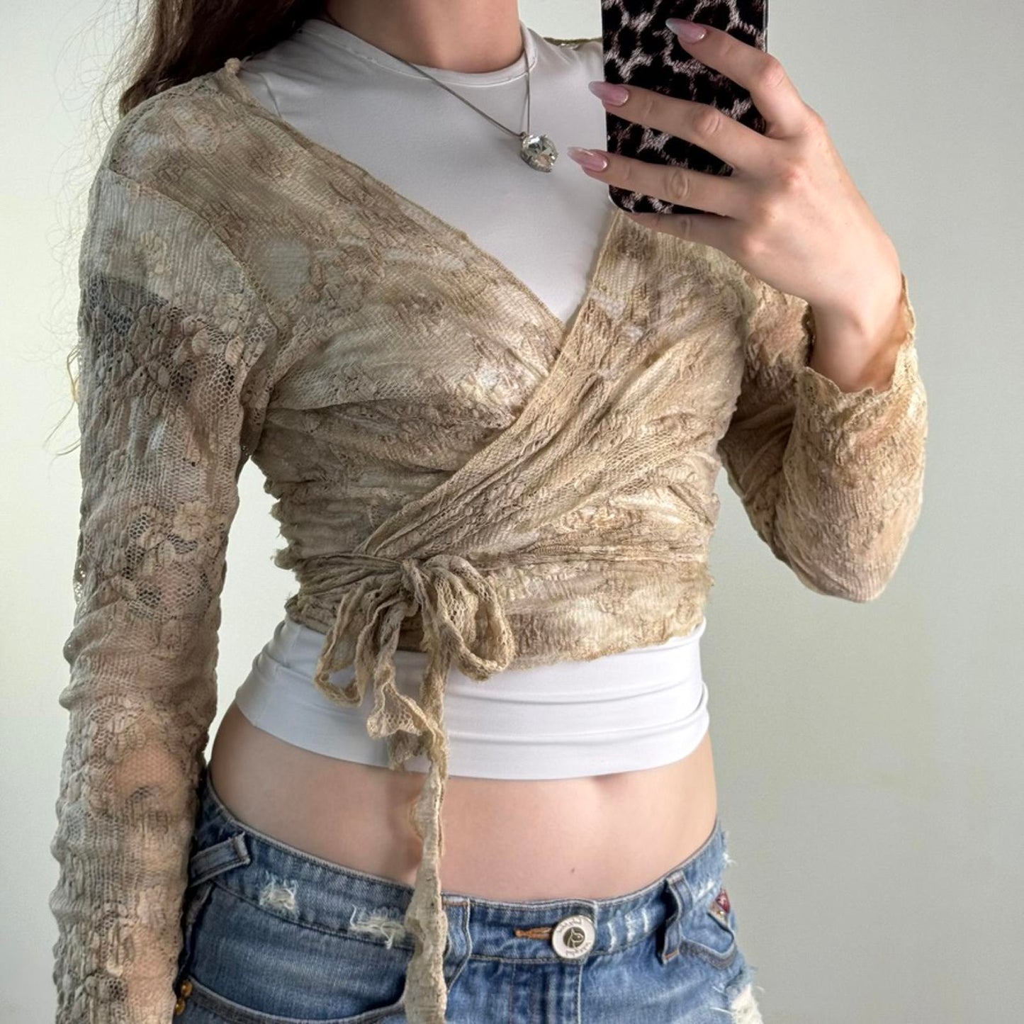 Y2K vintage wrap around cardigan sheer lace beige ombre tie bow adjustable