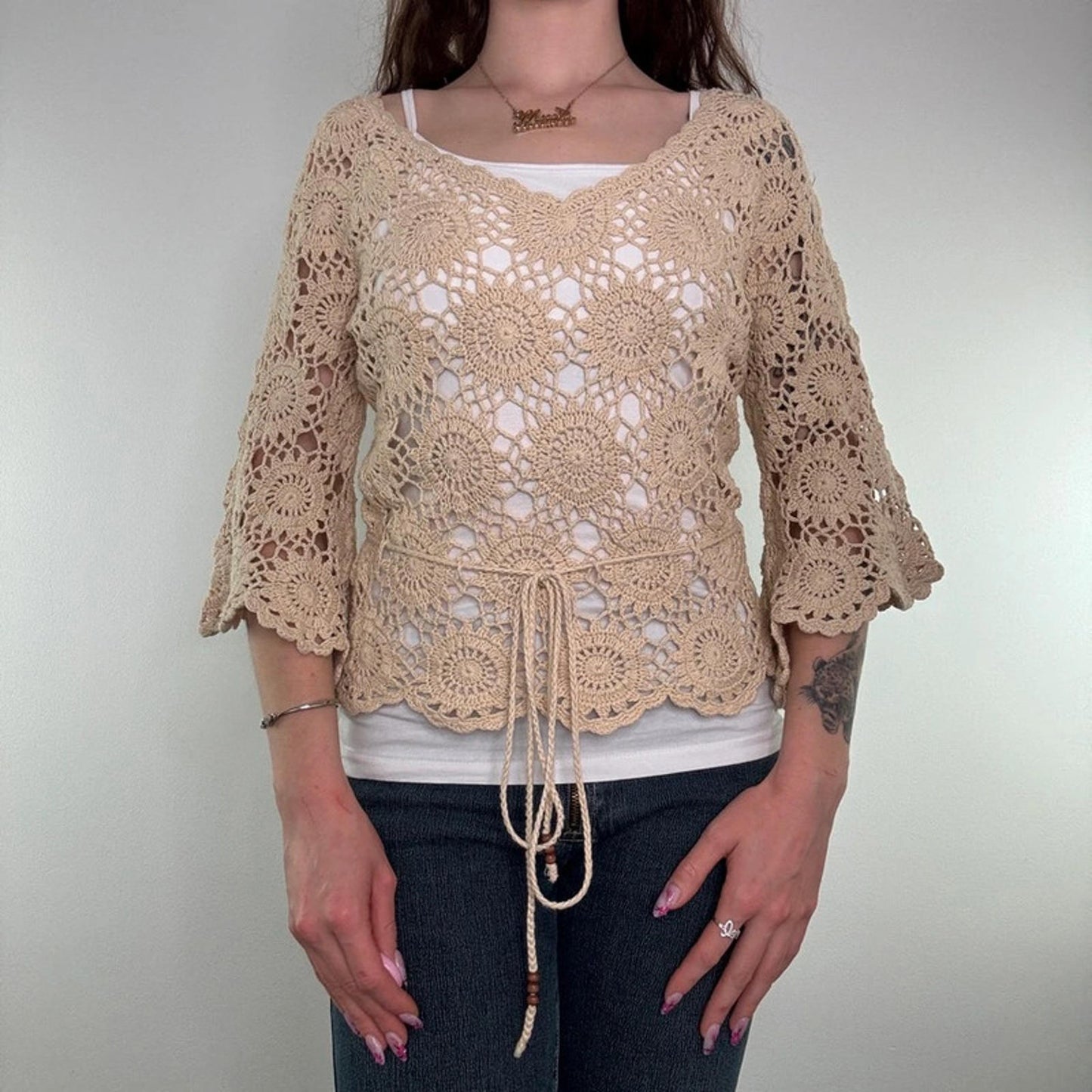 Y2K vintage crochet half sleeve bow top drawstring waist sheer floral cream
