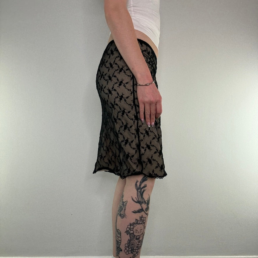 Y2K mesh overlay floral embroidered stretchy midi skirt