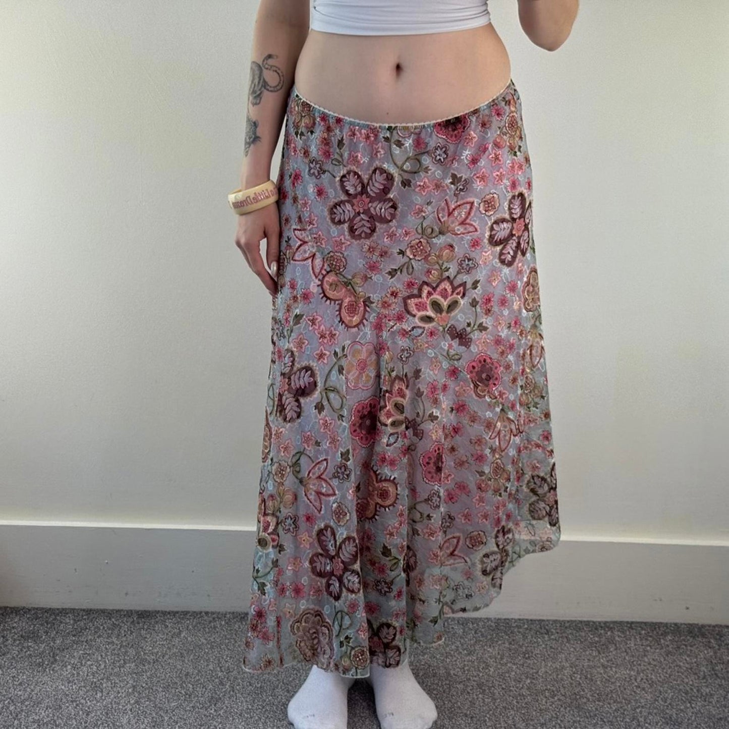 Y2K vintage floral mesh overlay maxi skirt a line lace pink blue beige stretchy