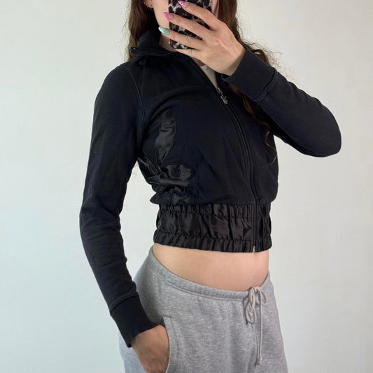 Y2K vintage Playboy cropped zip up jumper satin logo sporty black elastic waist