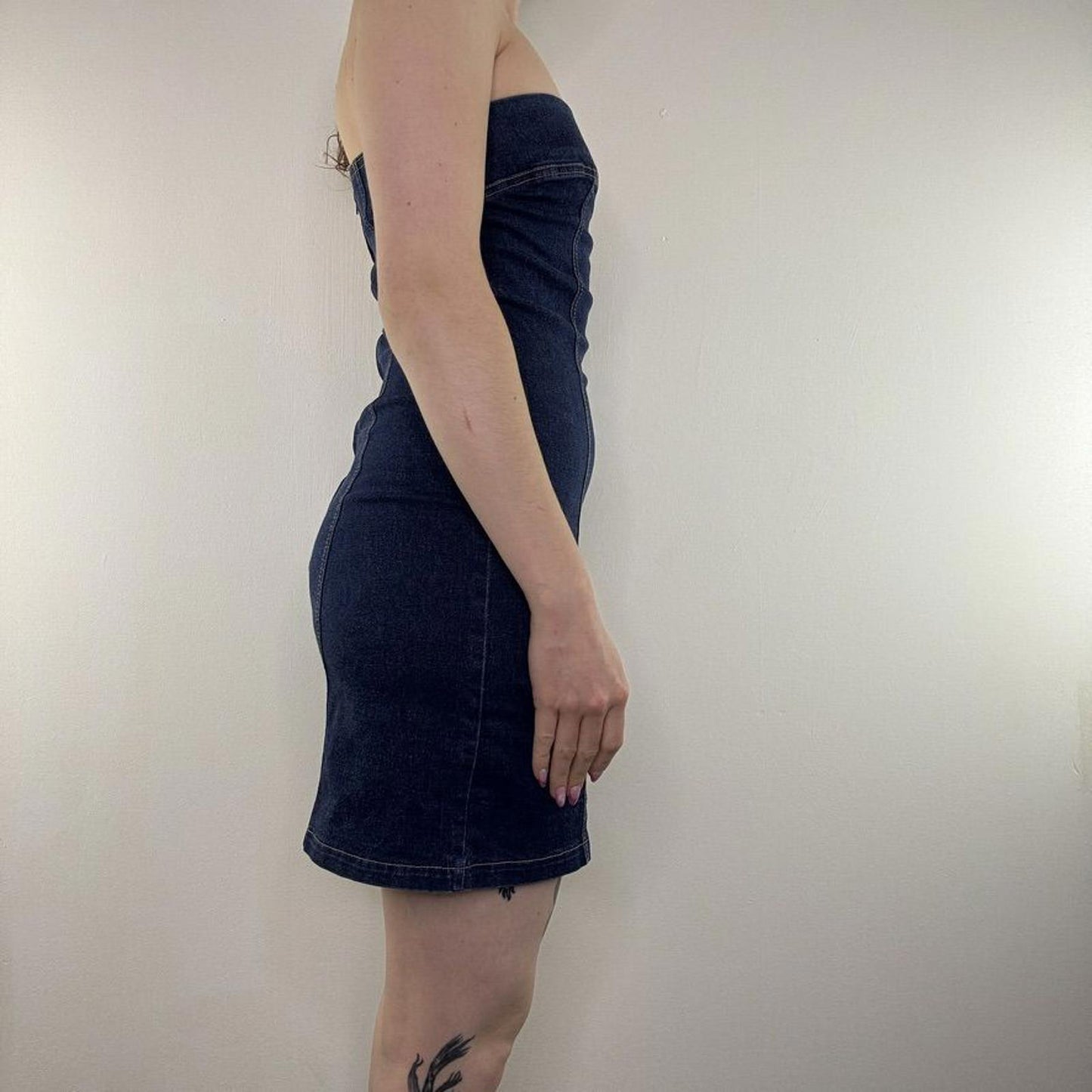 Y2K vintage denim mini dress stretchy strapless fitted bodycon blue wash zip up