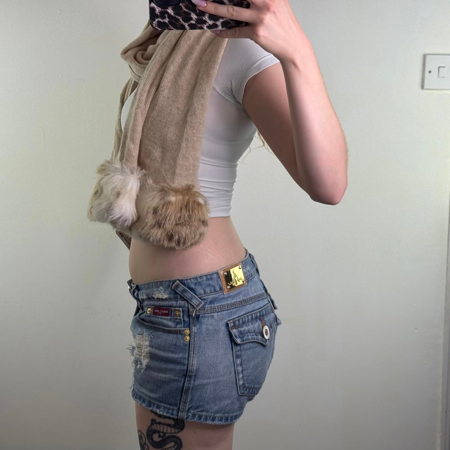 Y2K vintage wool/ angora blend chunky wide scarf faux fur trim fine knit