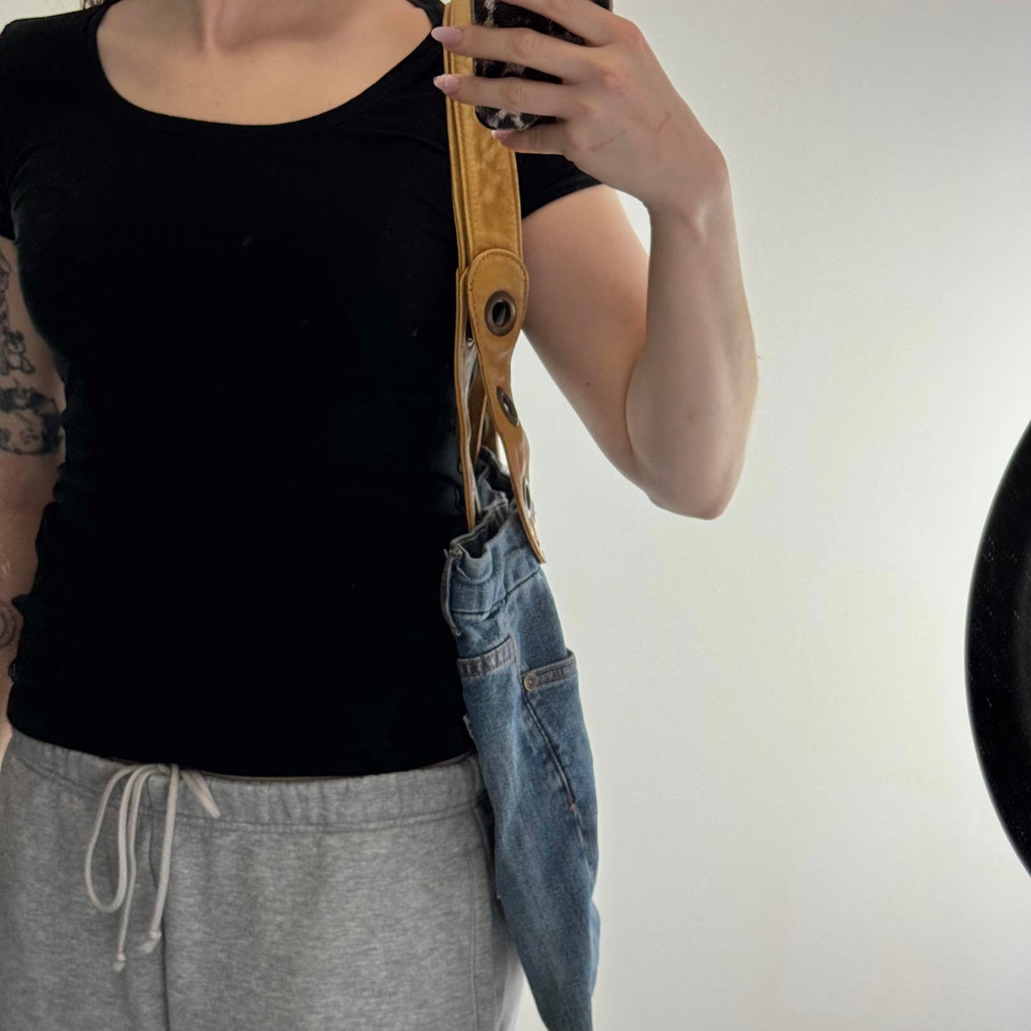 Y2K vintage large reworked denim shoulder bag leather straps grommet blue brown