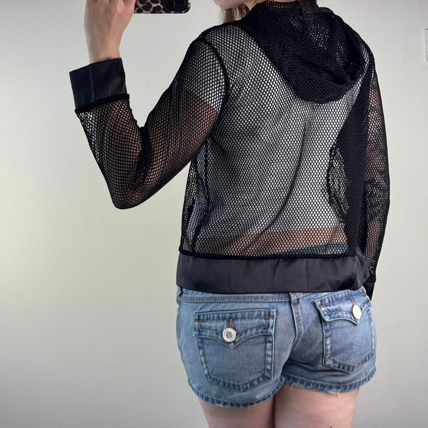 Y2K vintage fishnet mesh perforated zip up hoodie lightweight sheer see through