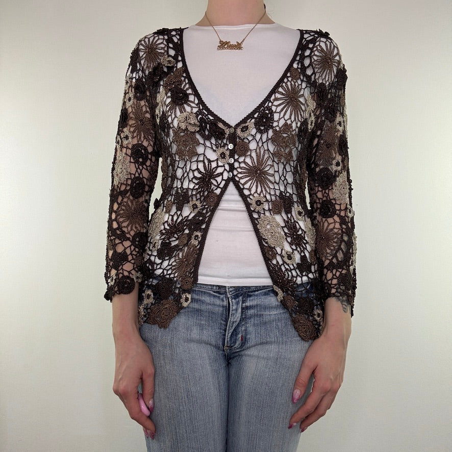 Y2K vintage crochet floral cardigan v neck boho fairy