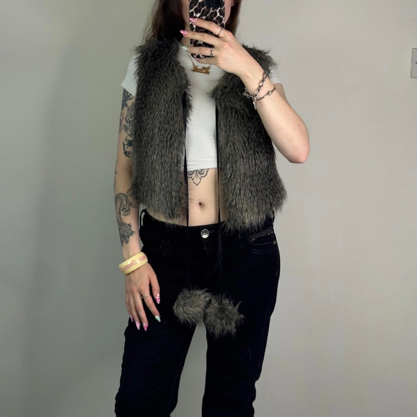 Y2K vintage grey faux fur sleeveless gilet jacket pom poms bow cropped v neck
