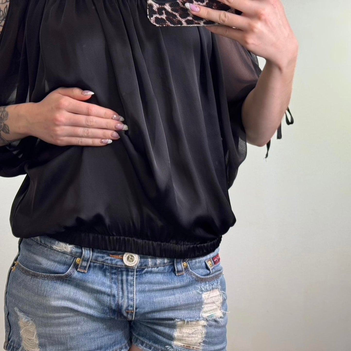 Y2K vintage batwing dolman blouse top elastic waistband sheer bow open shoulder