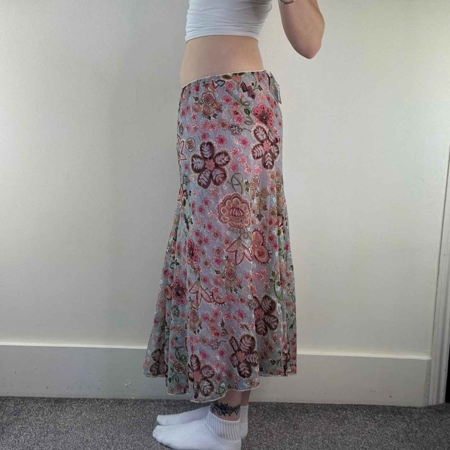 Y2K vintage floral mesh overlay maxi skirt a line lace pink blue beige stretchy