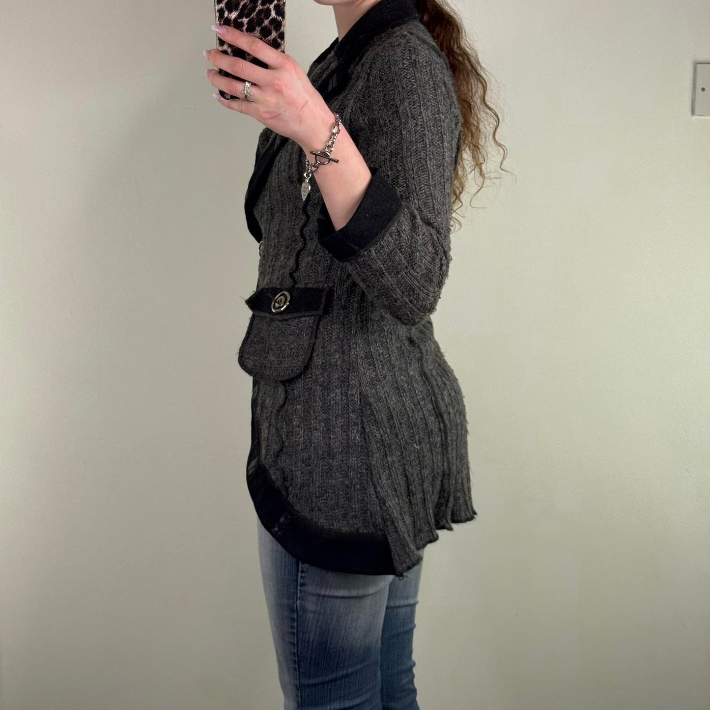 Y2K vintage mohair blend cardigan ribbed mid length v neck black grey fitted