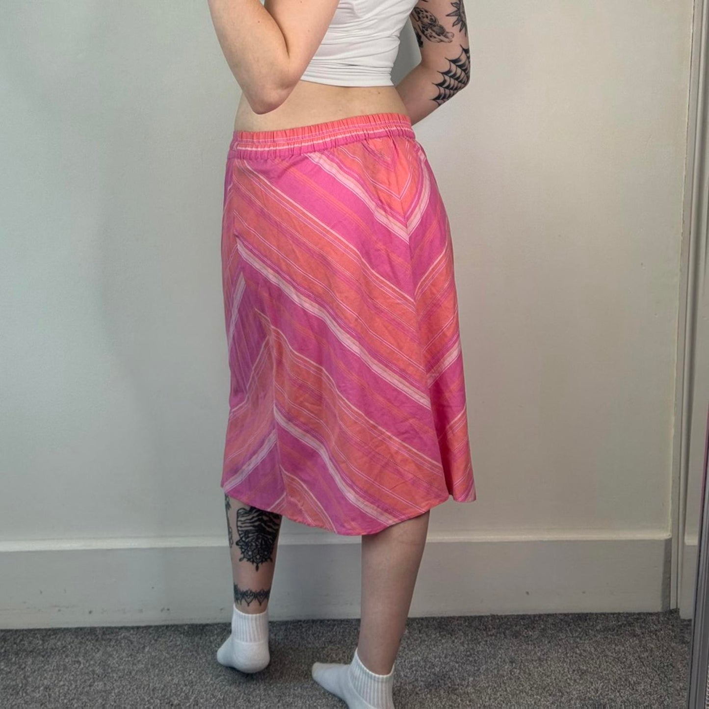 Y2K vintage stripe bow midi skirt stretchy waistband knee length lightweight