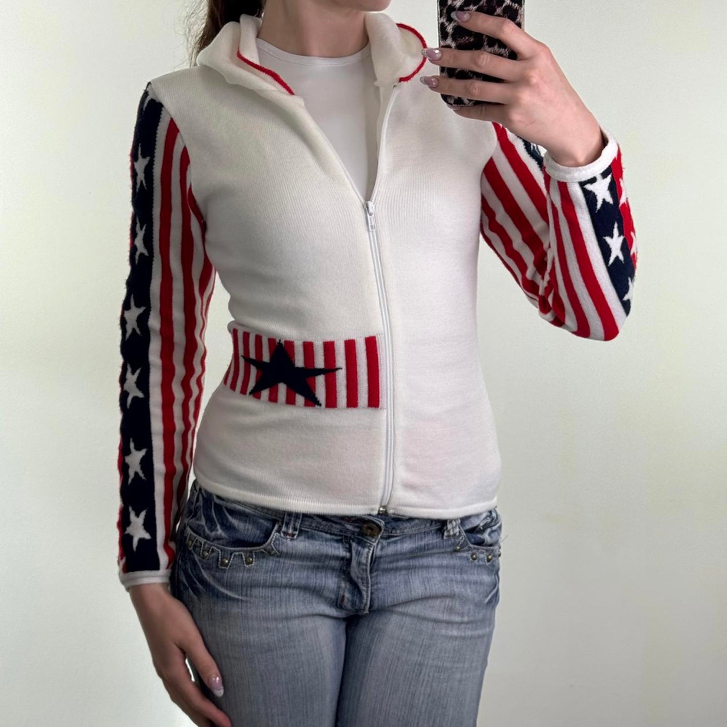 Y2K vintage USA zip up hoodie America star stripe knitted knit blue red white