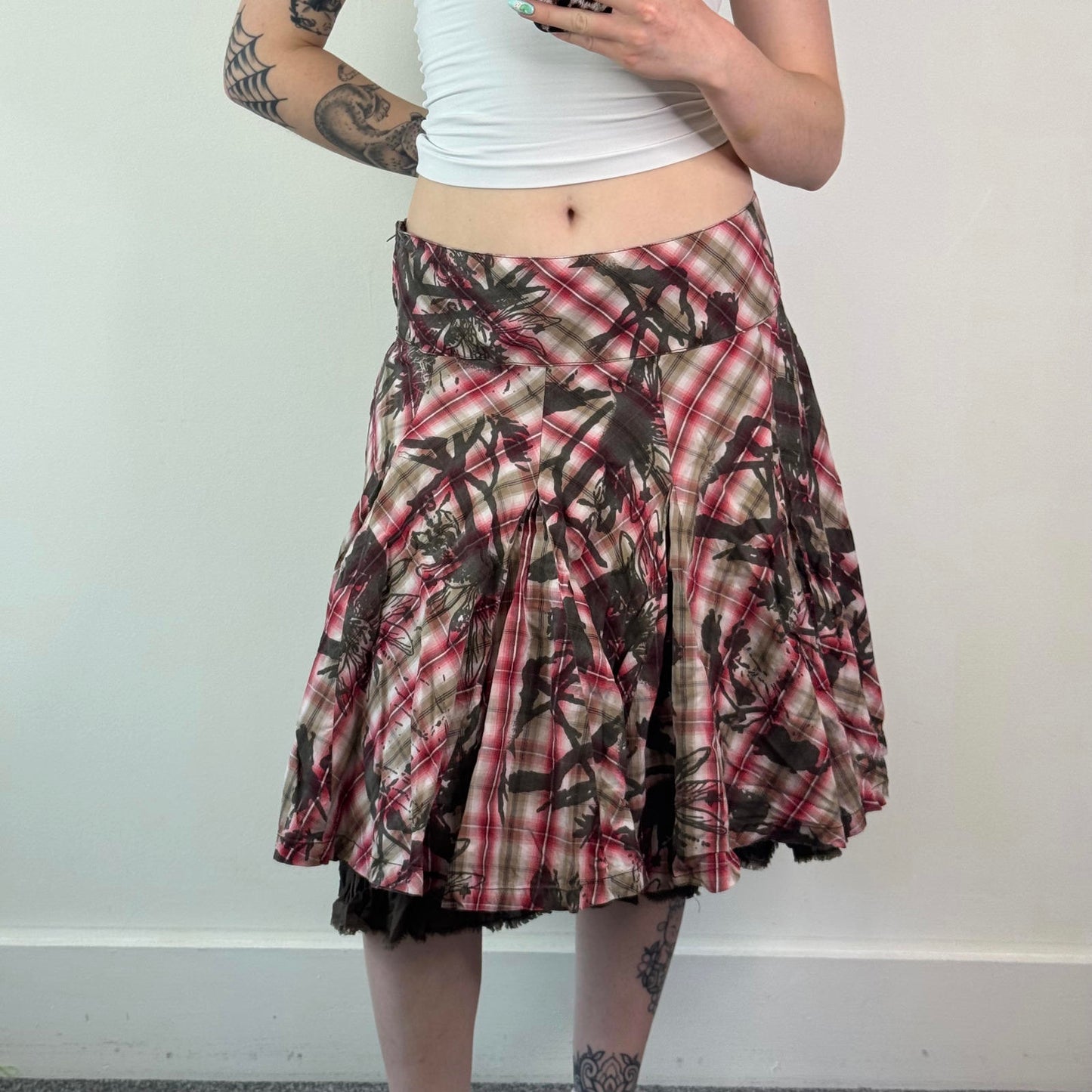 Y2K vintage O'Neill tartan floral midi skirt sequin brown red white a line XL
