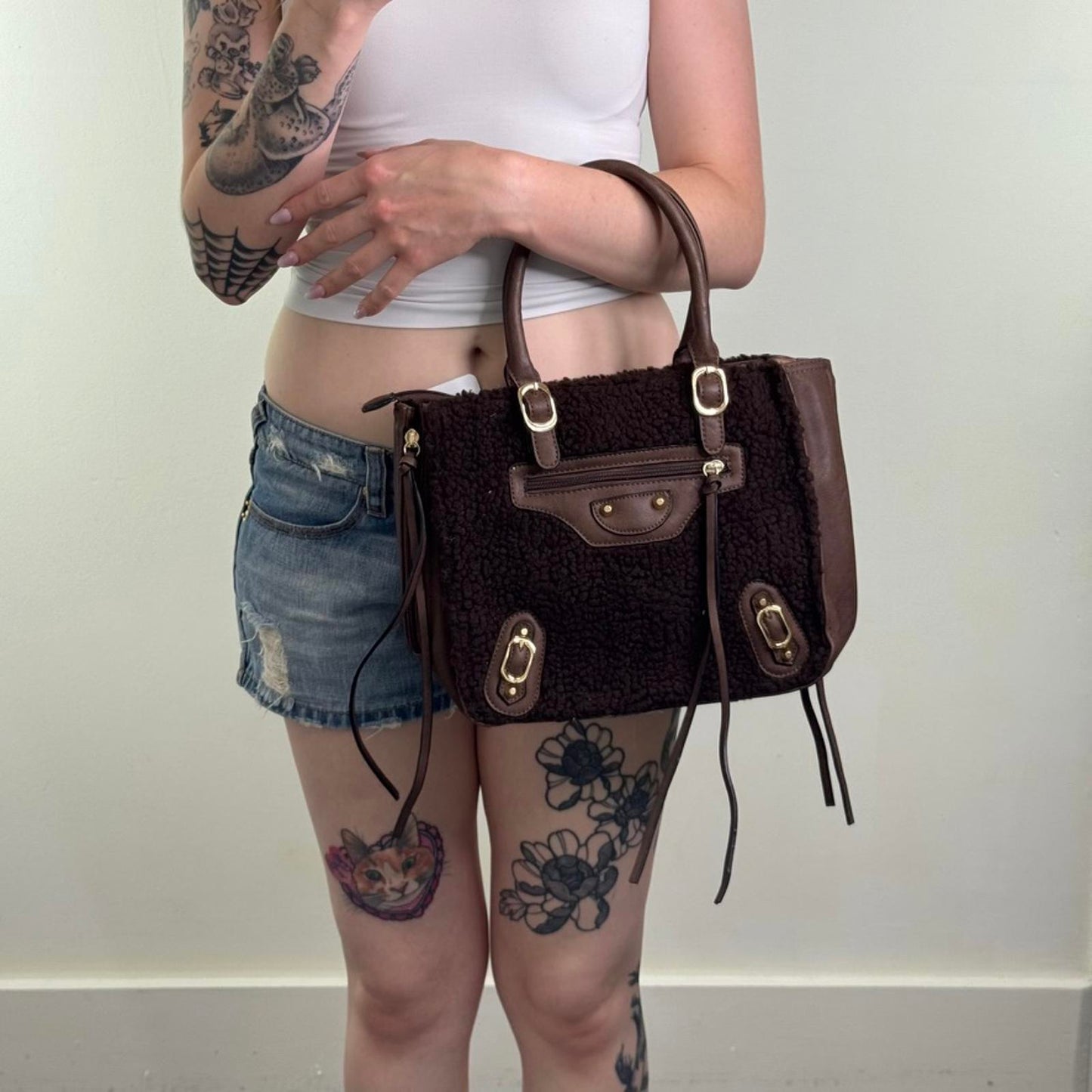 Small sherpa faux leather mini handbag brown gold