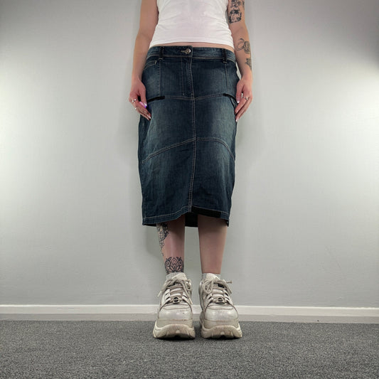 Y2K archive faded denim midi skirt