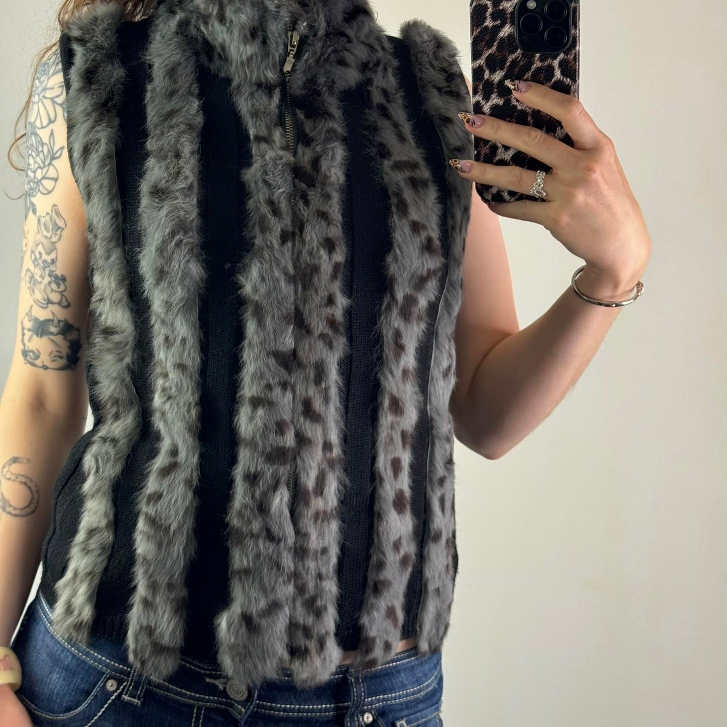 Y2K vintage genuine fur stripe knit sleeveless jacket zip up gilet polka dot