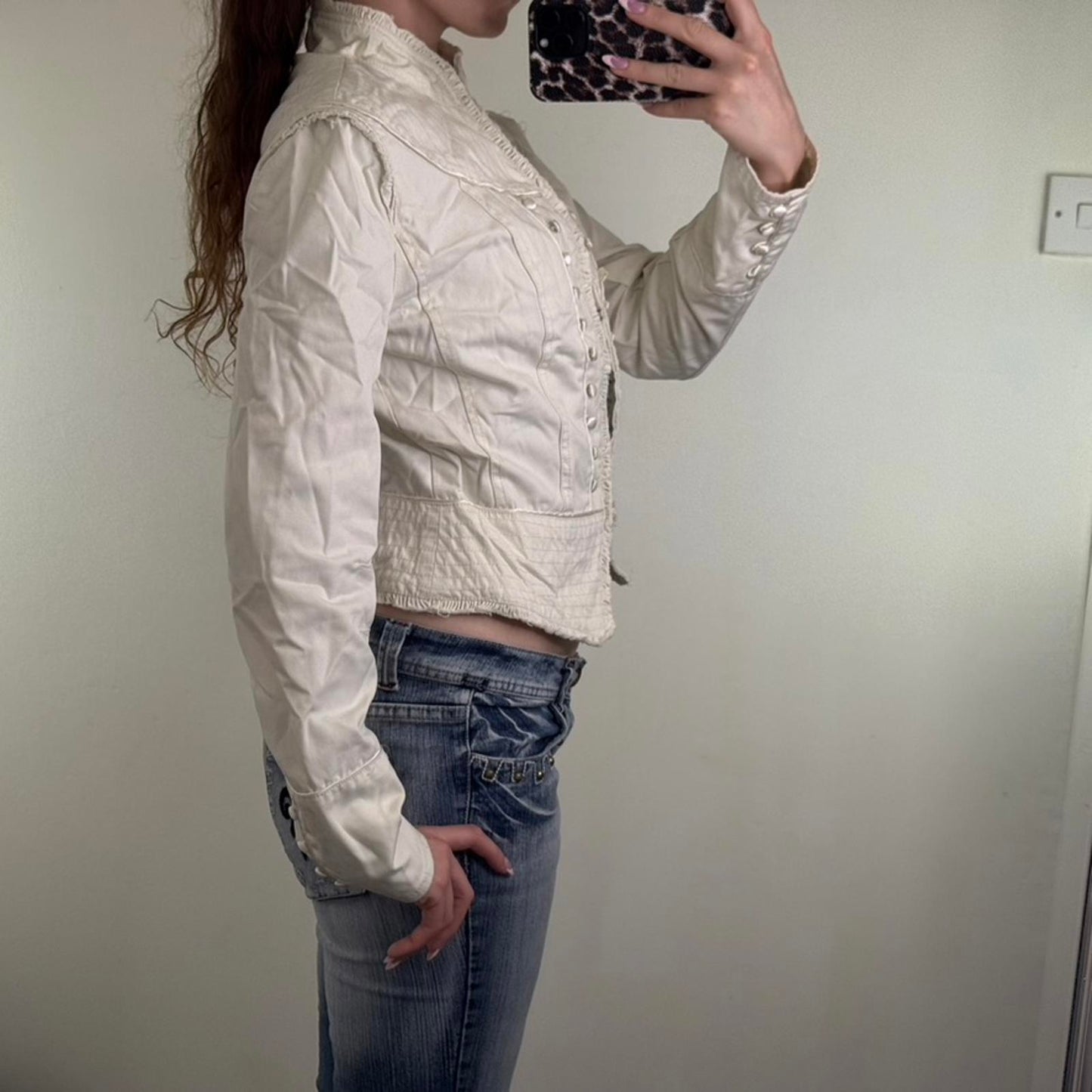 Y2K vintage military denim jacket hook and eye high neck stripe buttons archive