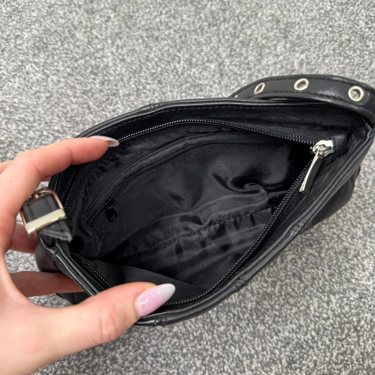 Y2K vintage studded faux leather mini shoulder bag small silver grommet black