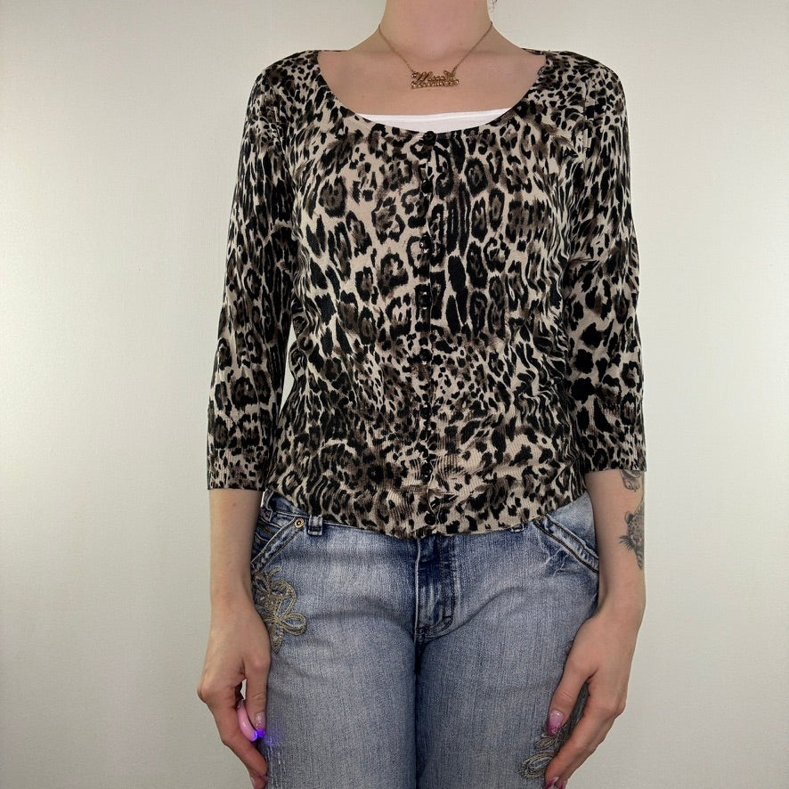 Y2K vintage leopard print cardigan button up 3/4 sleeve scoop neck fine knit