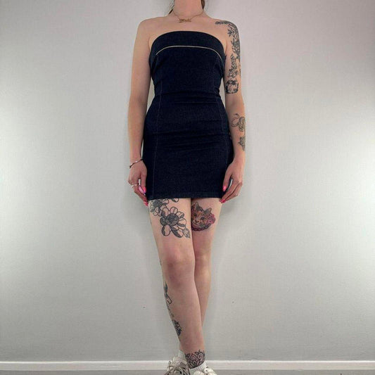 Y2K vintaged fitted sparkly denim strapless mini dress navy gold cinched fit