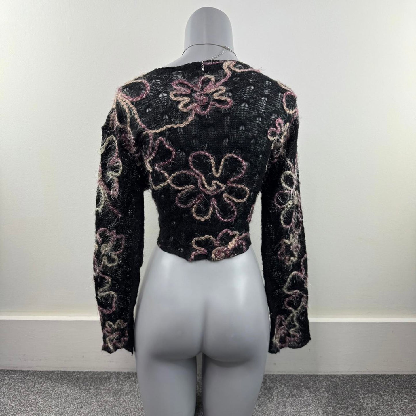 Y2K vintage wool blend knitted cardigan long sleeve cropped floral embroidery