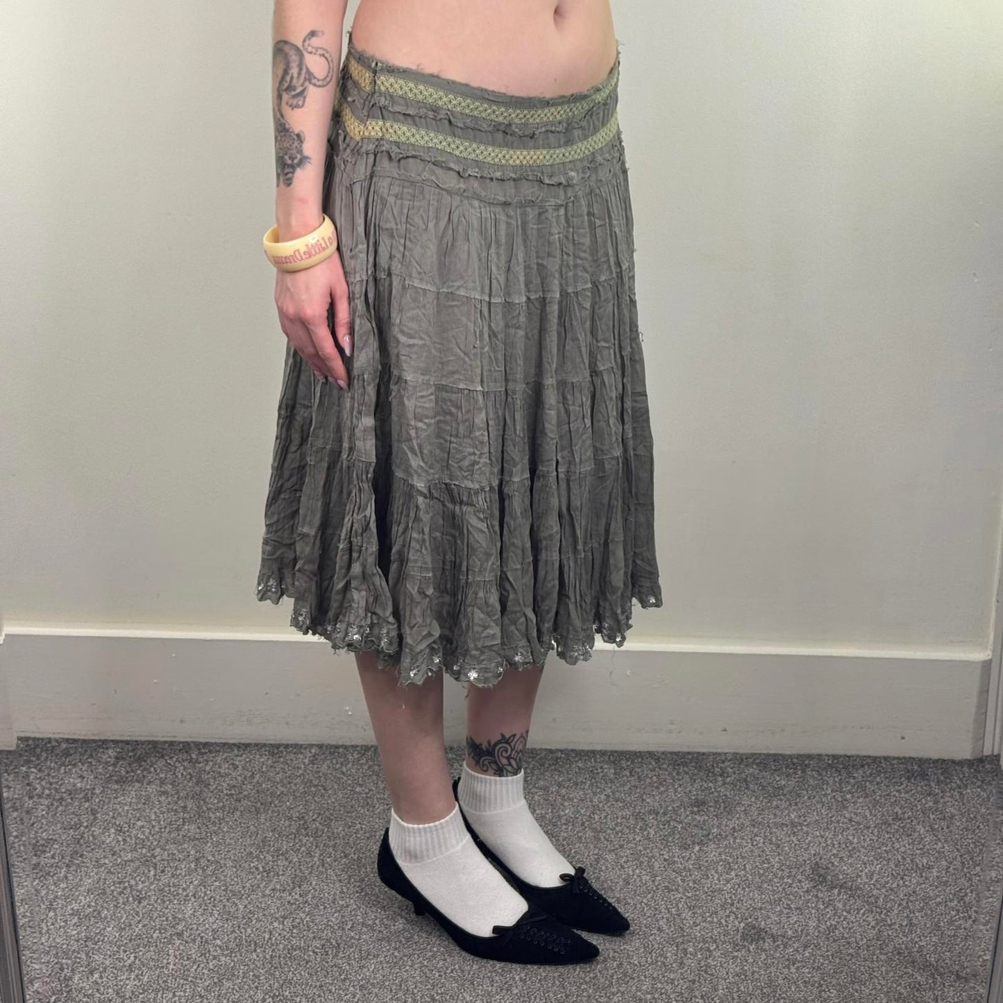 Y2K vintage River Island midi skirt a line tiered sequin embellished trim boho