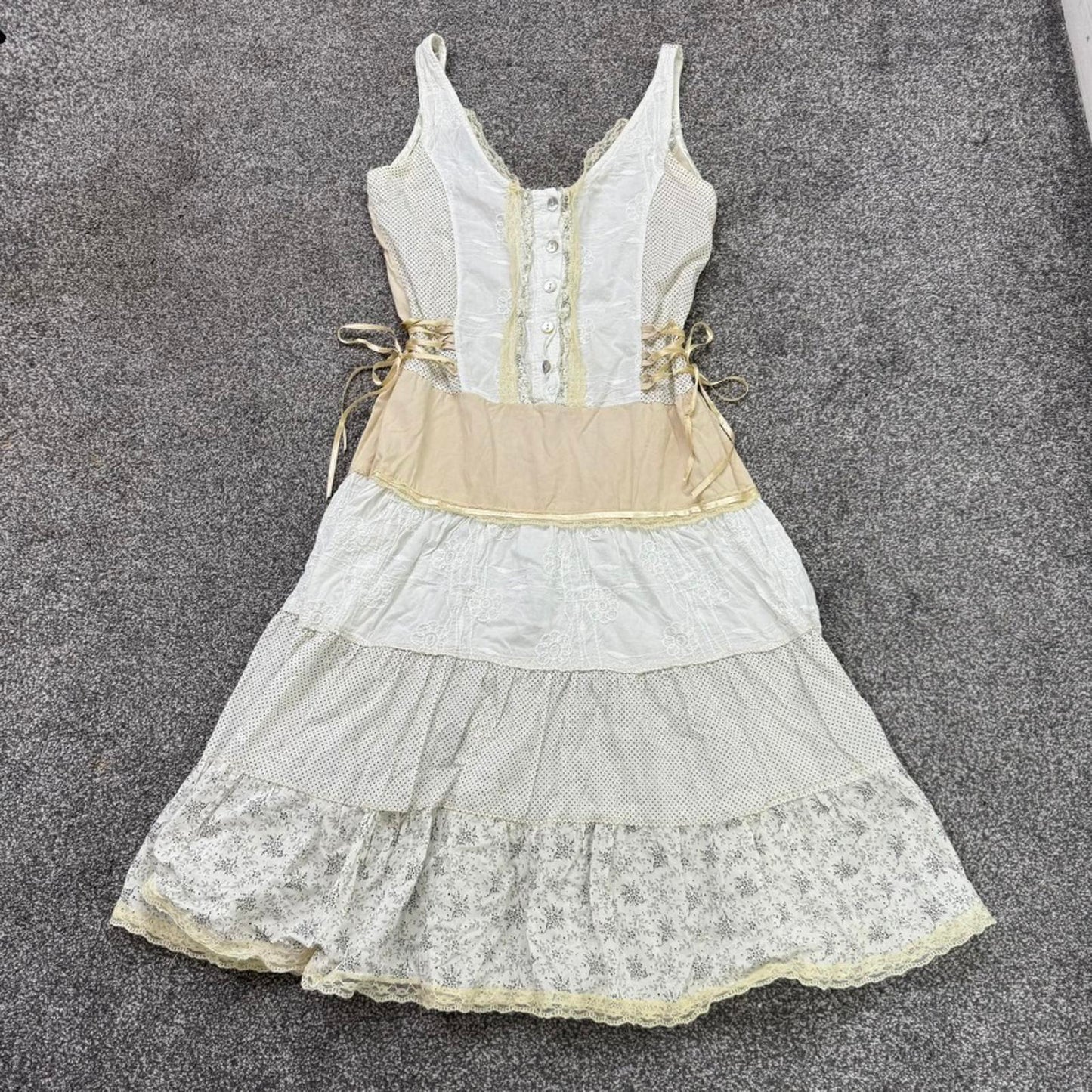 Y2K vintage coquette midi dress a line broderie anglaise lace trim polka dot