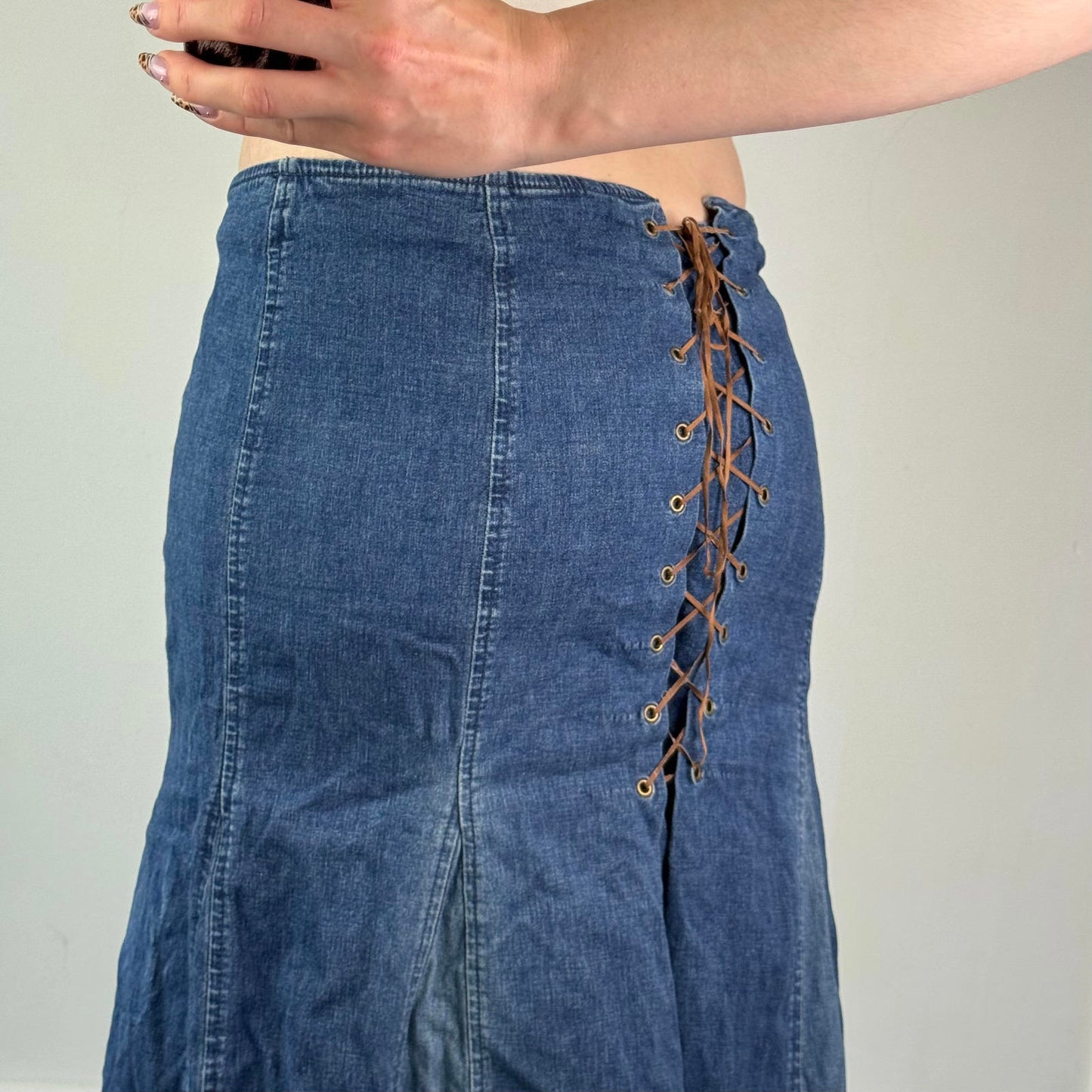 Y2K vintage lace up denim maxi skirt stretchy faded blue wash a line low rise