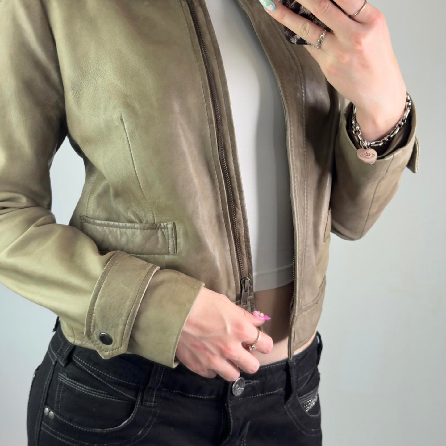Y2K vintage genuine butter soft leather zip up jacket round neckline olive green
