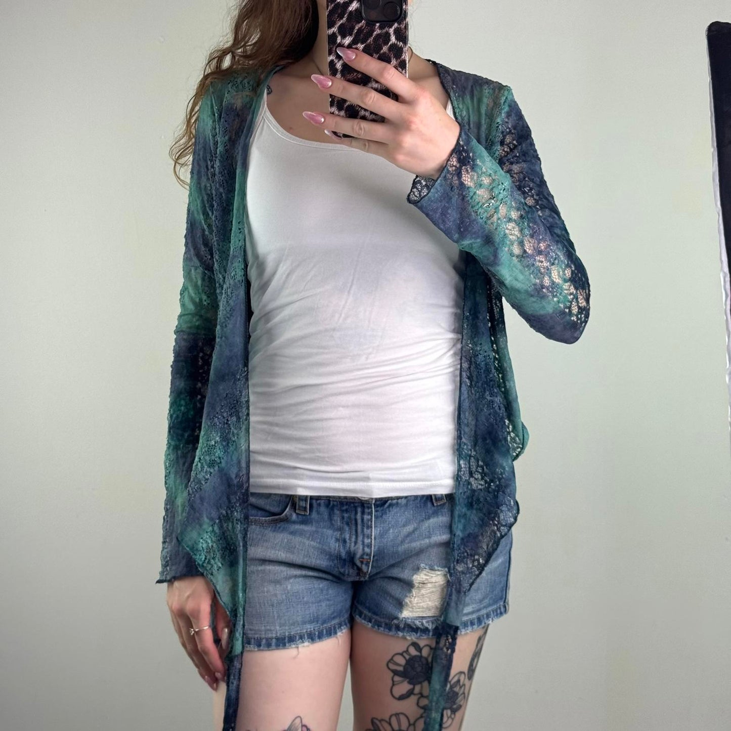 Y2K vintage wrap around cardigan sheer lace blue ombre tie bow adjustable