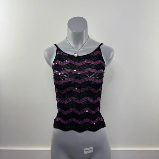 Y2K vintage crochet knit sequin tank cami top high neck scallop hem chevron