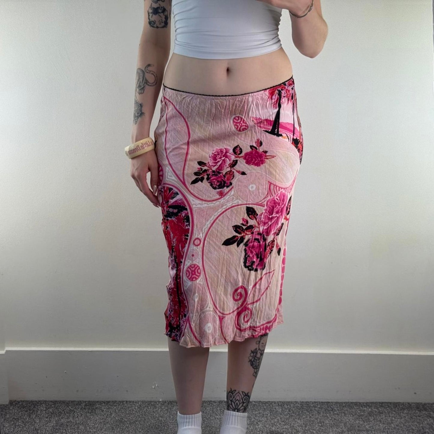 Y2K vintage Morgan De Toi midi skirt pink satin stretchy palm tree floral rose