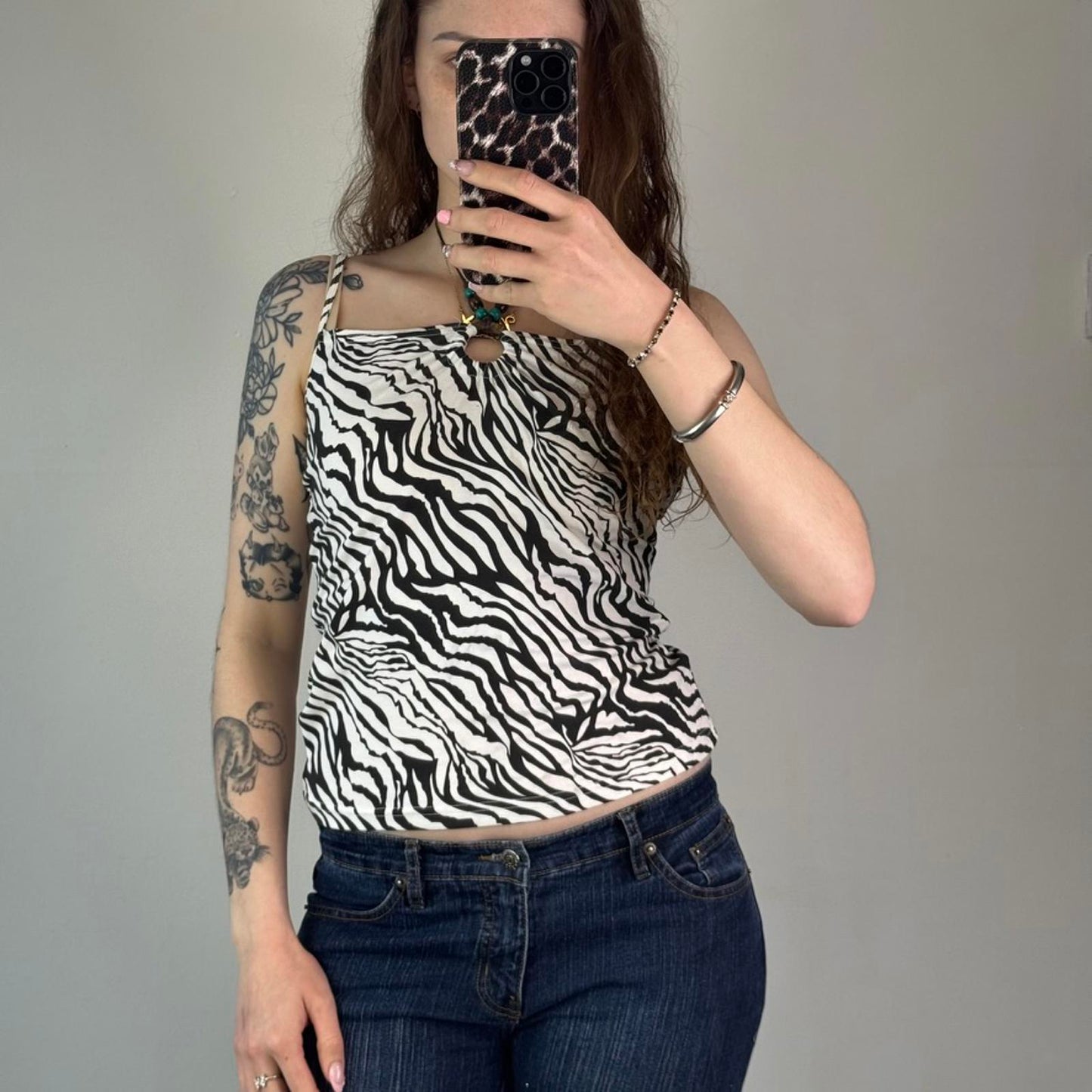 Y2K vintage halter neck zebra print cami top beaded o ring square neck tropical