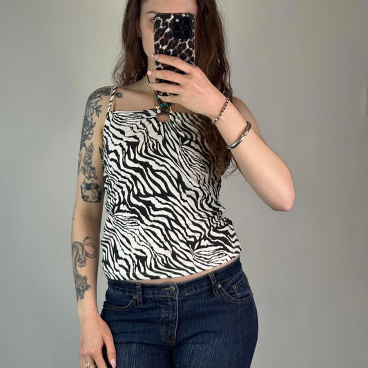 Y2K vintage halter neck zebra print cami top beaded o ring square neck tropical