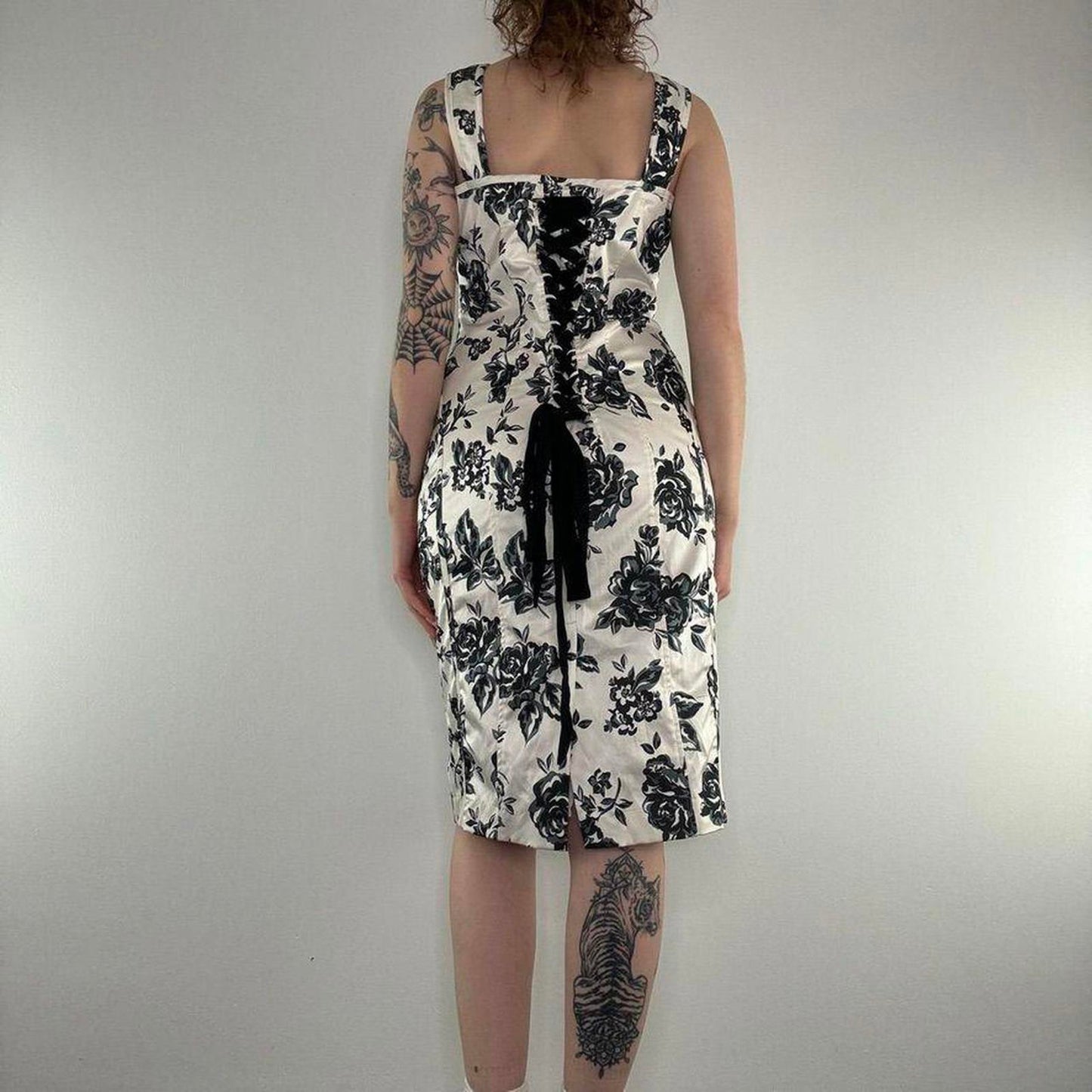 Y2K vintage rose lace up midi dress floral black white monochrome occasion